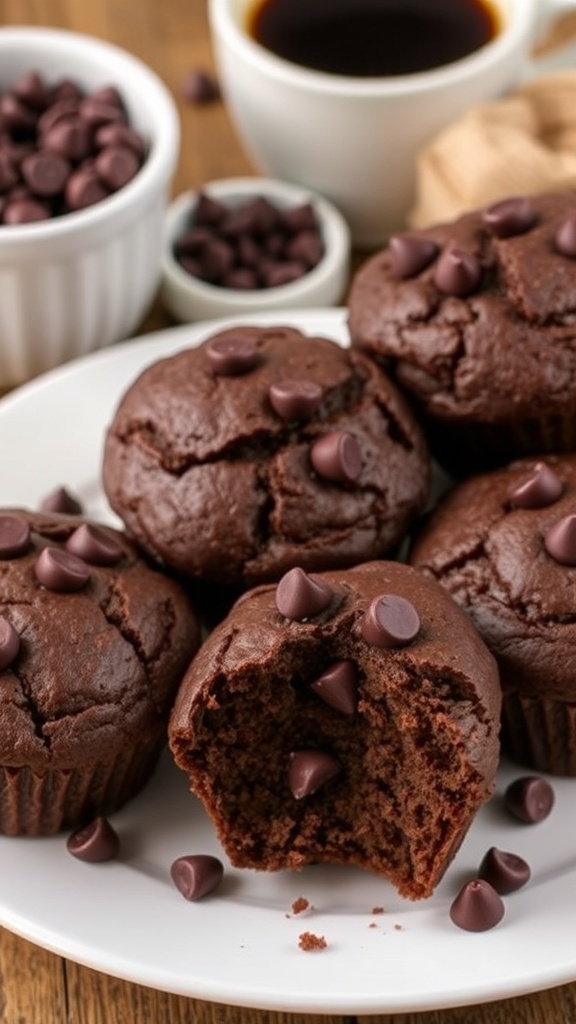 A plate of chocolate Greek yogurt muffins with chocolate chips, set in a rustic kitchen.